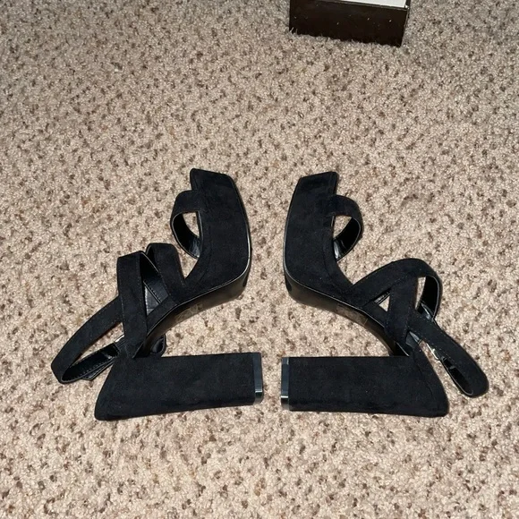 Platform Block Heel Pumps Slingback Black Skyscraper Heels Buckle Open Toe 7.5 - Picture 5 of 6